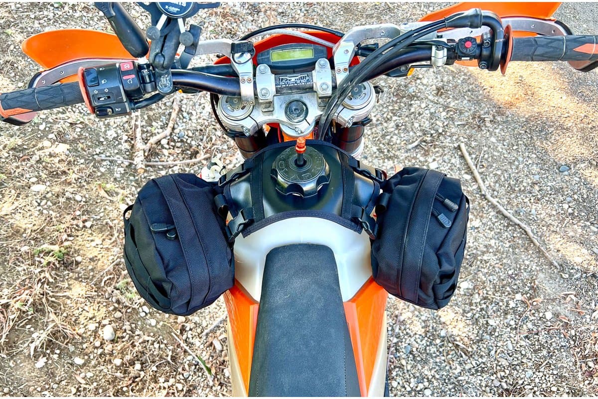 Rider's view of both bags either side of the fuel cap