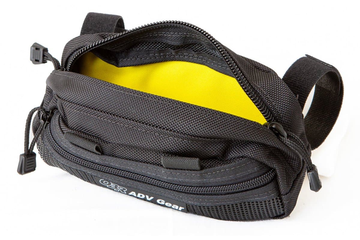 Ledge bag unzipped, showing the yellow interior