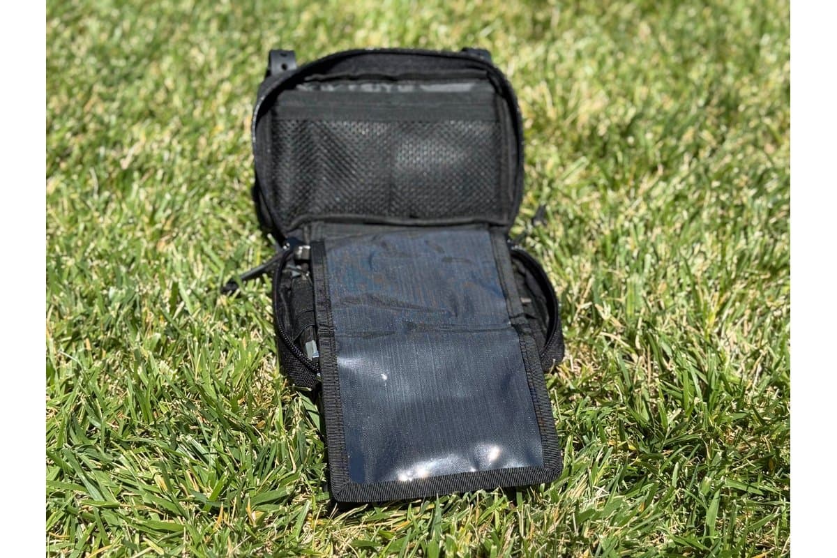 Handlebar Tool Bag 2.0 open with the clear fold-out sleeve