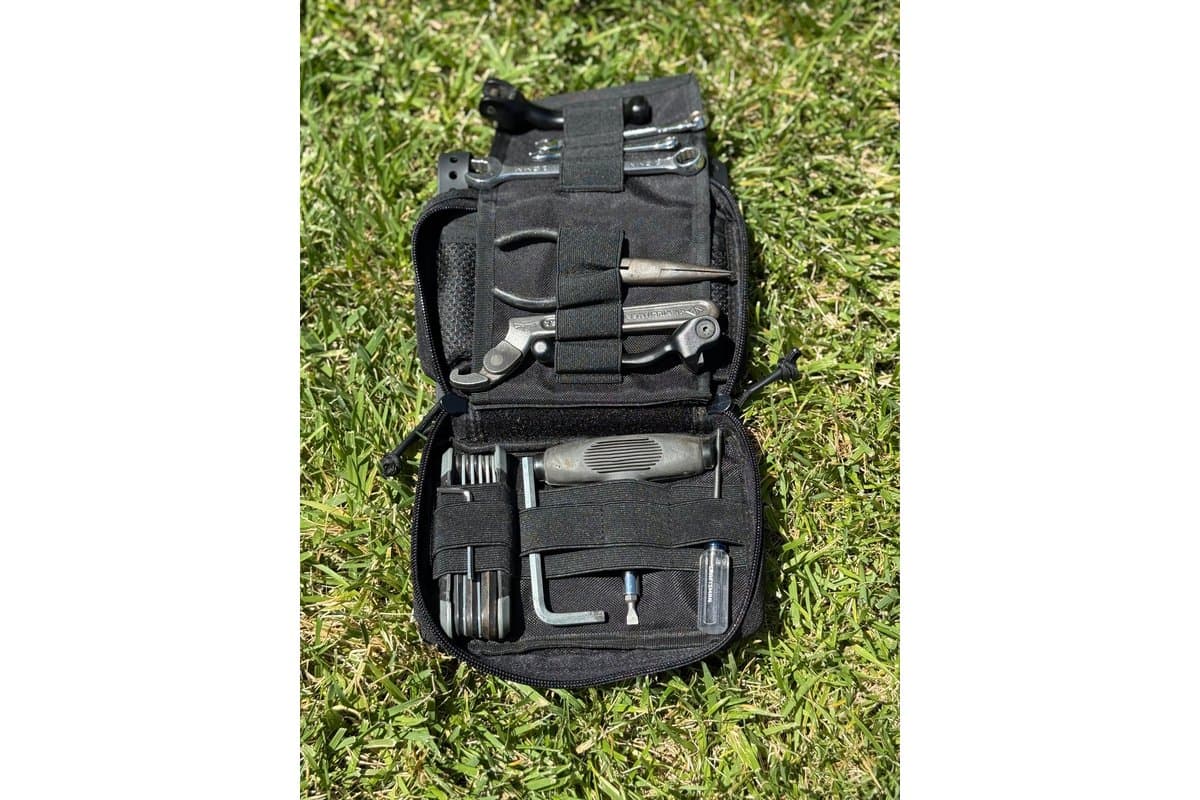 Handlebar Tool Bag 2.0 opened flat and loaded with tools