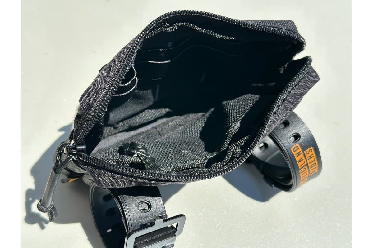 Small Handlebar Bag 2.0 open, with its rubber mounting strap