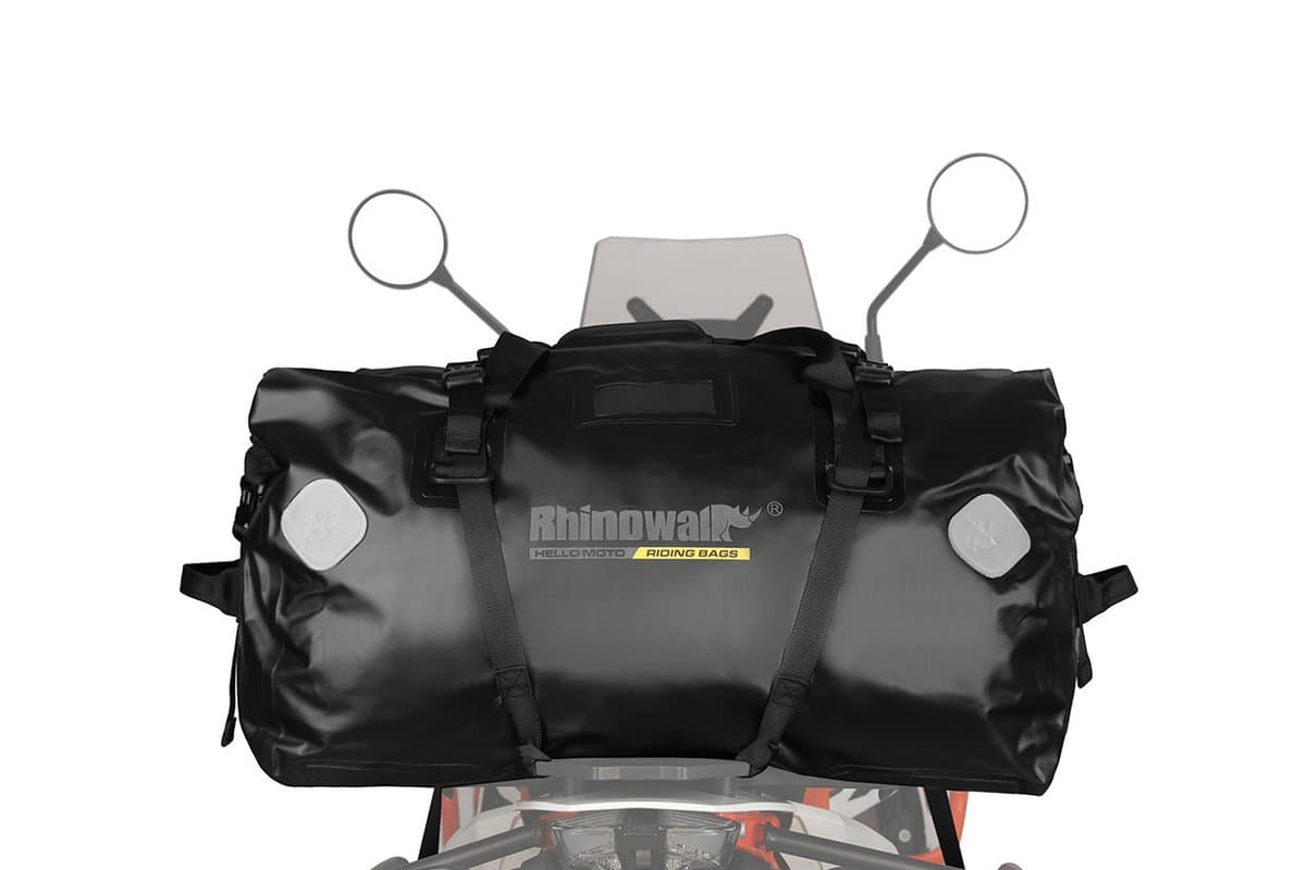 The 65L duffle seen from behind the bike