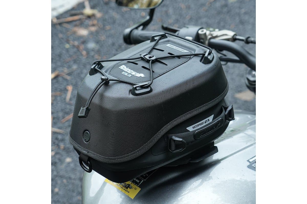 Kunlun tank bag on a silver fuel tank, outdoors