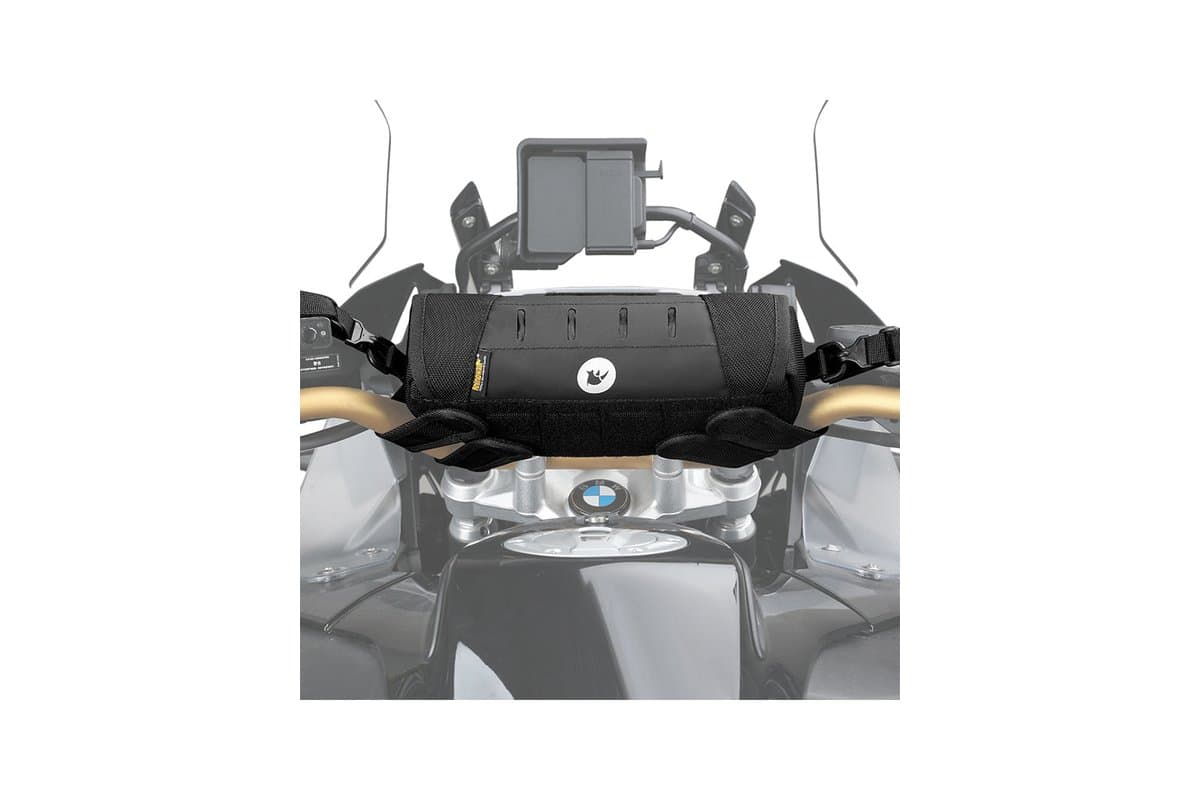 Front view of the handlebar bag strapped across the bars below the dash