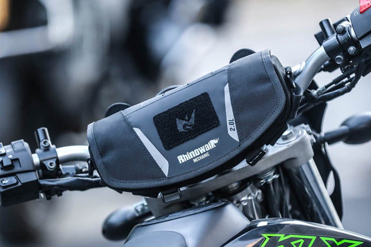 Handlebar bag mounted on a Kawasaki KLX