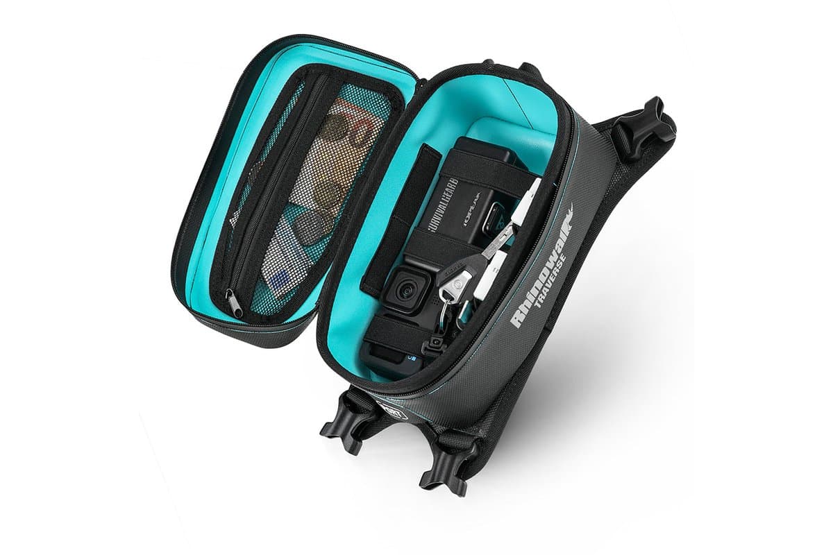 Traverse tank bag open, showing the interior organiser