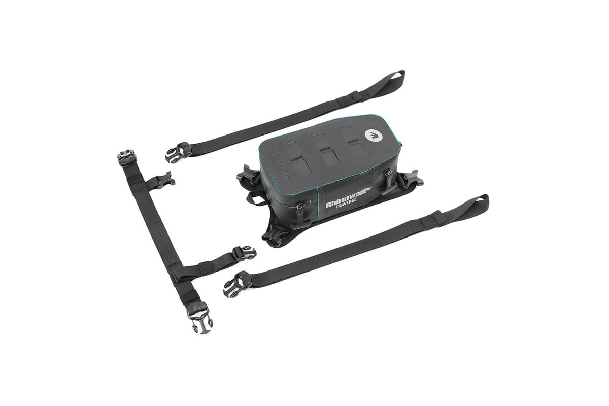 Traverse tank bag with its three mounting straps laid out