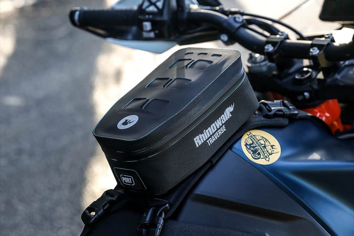 Traverse tank bag mounted on a KTM tank, outdoors