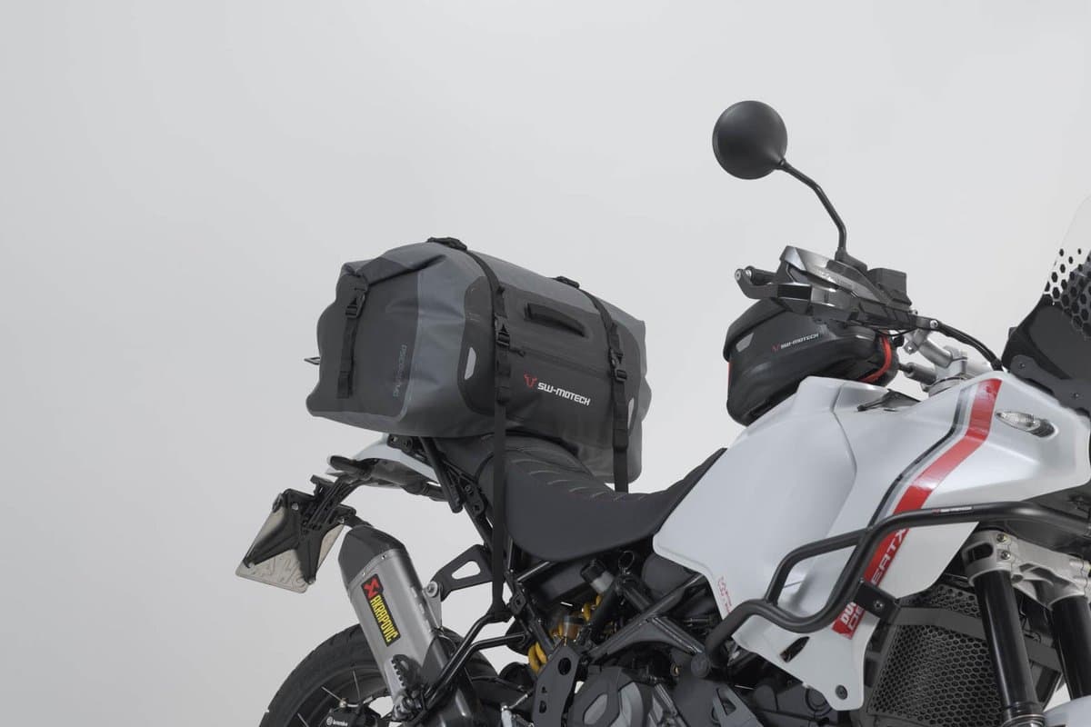 Drybag 350 strapped to the pillion seat of a Ducati DesertX