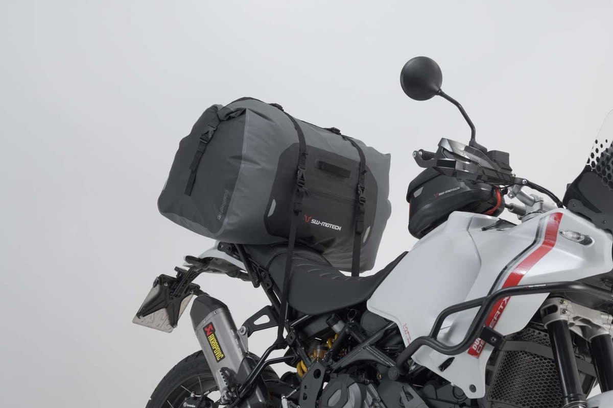 Drybag 600 strapped to the pillion seat of a Ducati DesertX
