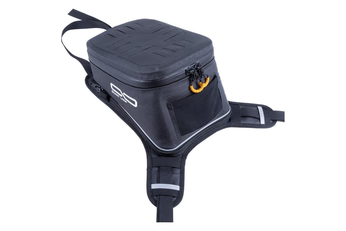 Giant Loop Diablo tank bag on its harness, three-quarter view