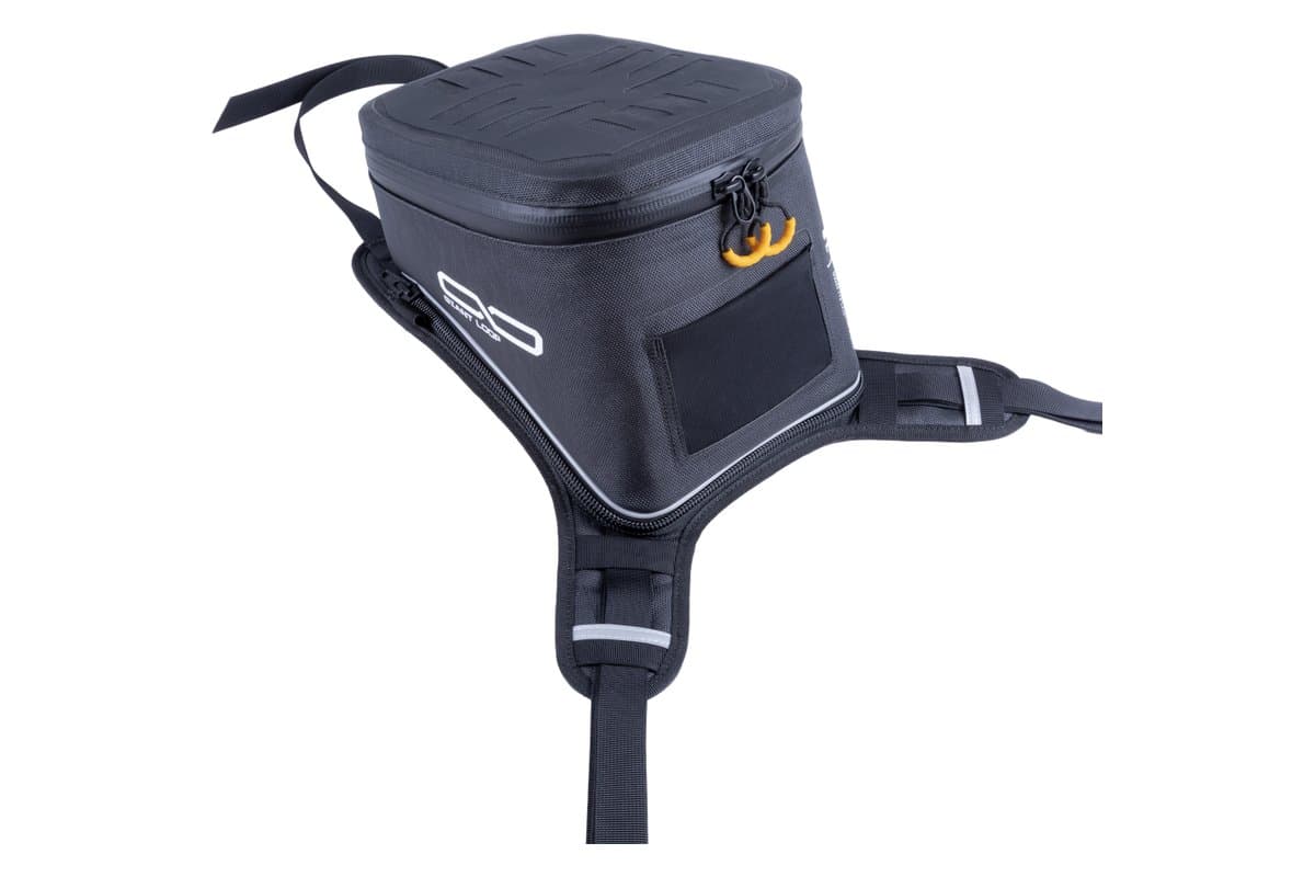 Giant Loop Fandango tank bag on its harness, three-quarter view