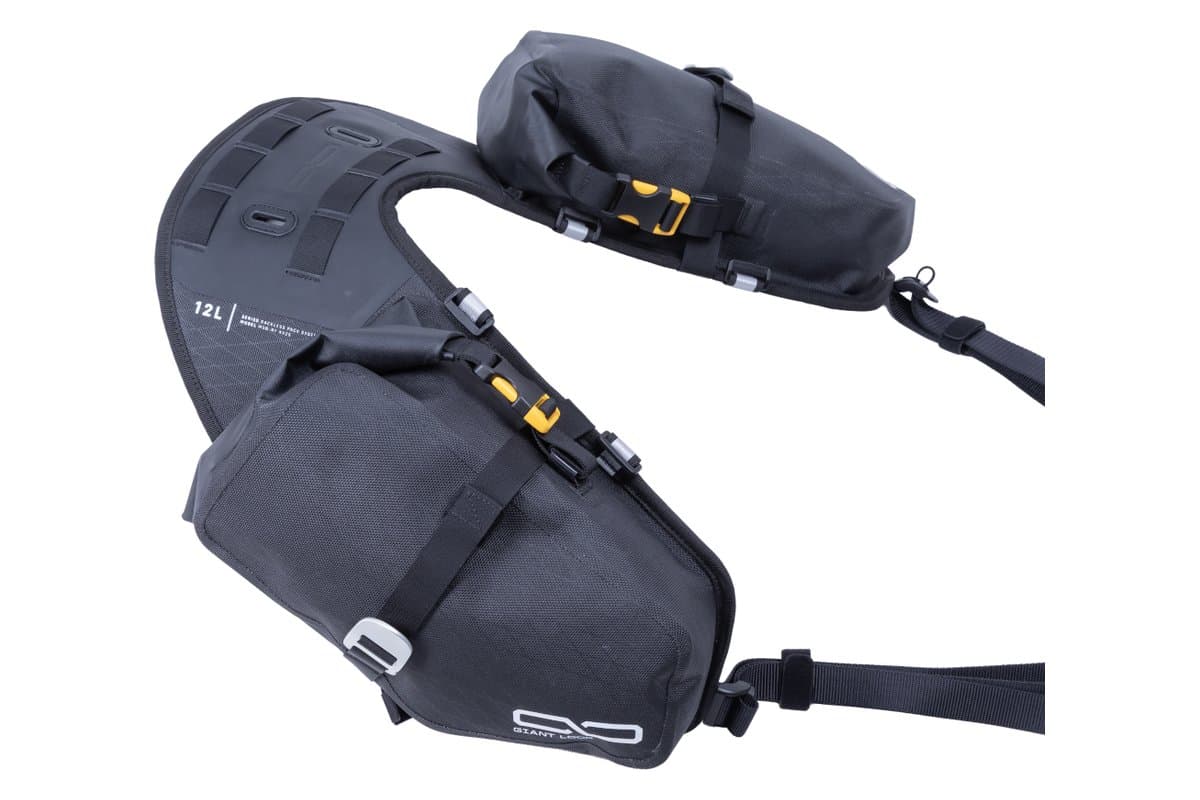 Giant Loop Mojavi Rolltop saddlebag, three-quarter view showing both roll-top side pockets