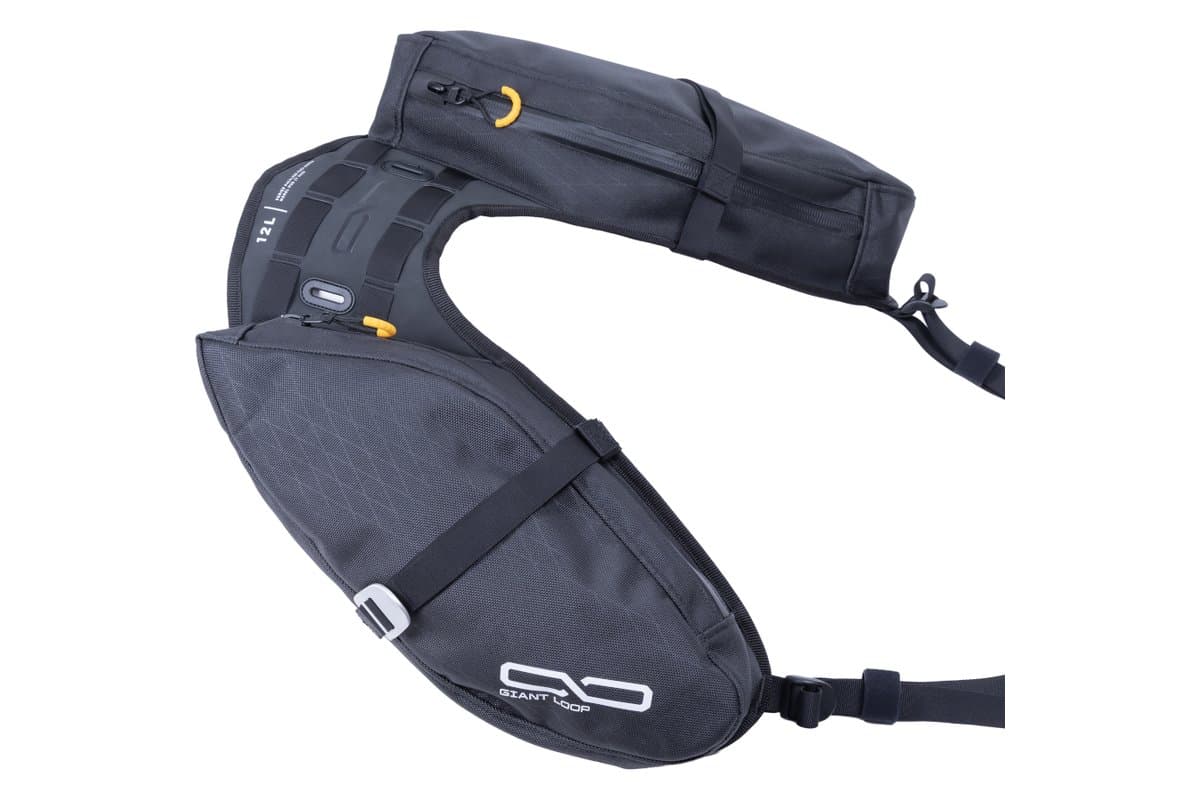 Giant Loop Mojavi Zip saddlebag, three-quarter view showing the zippered side pockets