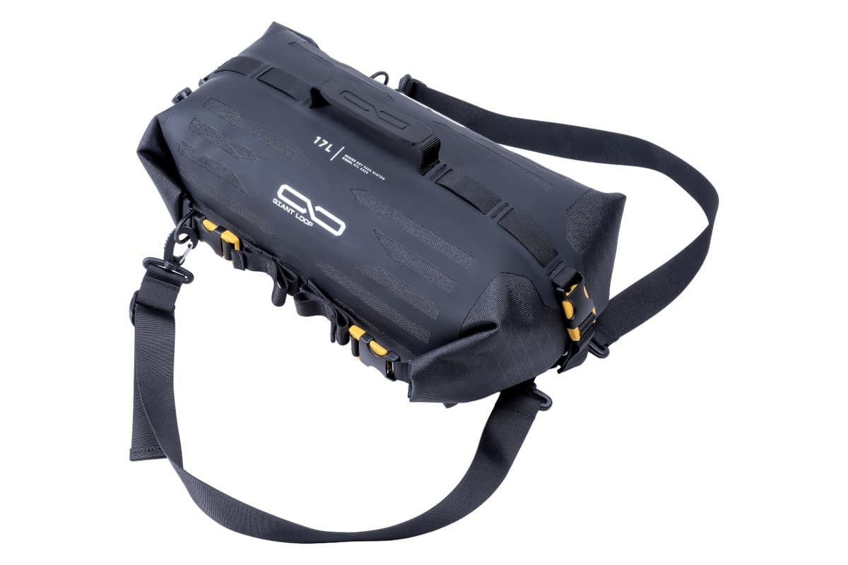 Giant Loop Rogue dry bag, rolled and buckled, with carry strap