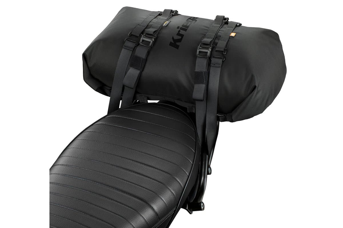 Kriega Rollpack 20 in black strapped to a motorcycle seat