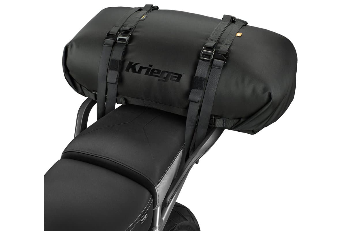 Kriega Rollpack 40 in black strapped to a motorcycle seat