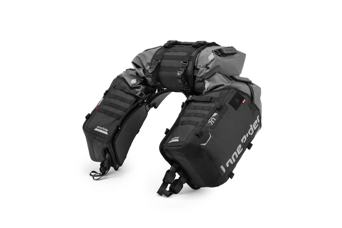 ADVBags 70 system with top and side dry bags, three-quarter front view