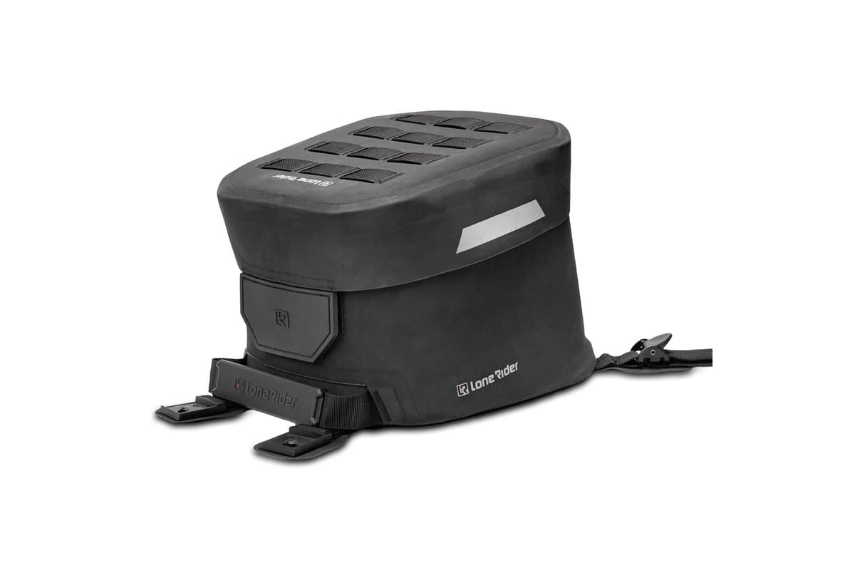 Ranger tank bag closed, three-quarter view with harness straps