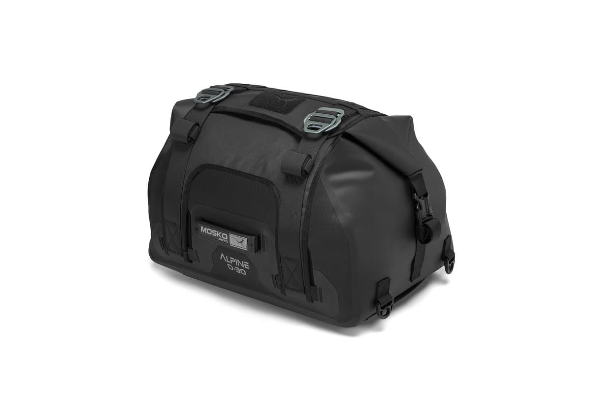 Mosko Moto Alpine 30L Duffle in Triple Black with beavertail, studio shot