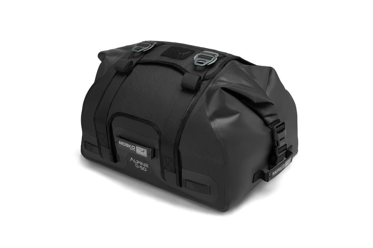 Mosko Moto Alpine 50L Duffle in Triple Black with beavertail, studio shot