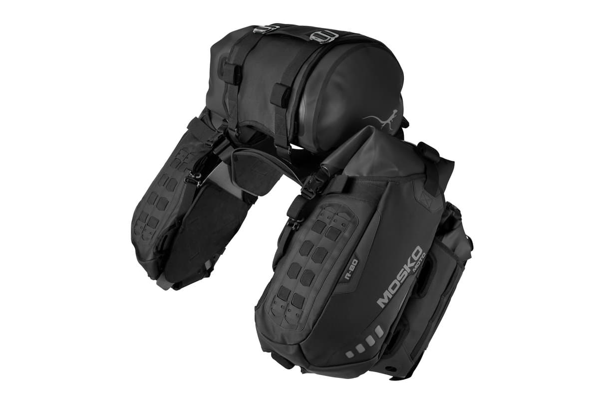 Mosko Moto Reckless 80L V4.0 rackless system in Triple Black, studio shot