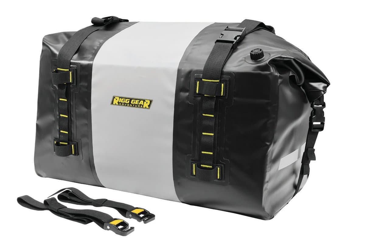 Nelson-Rigg Hurricane 60L Dry Duffle Bag with its four straps, on white