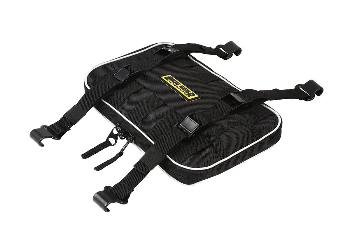 Nelson-Rigg Trails End Front Fender Bag with its hooks and straps, on white