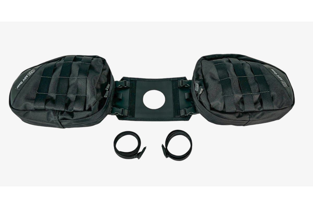 OBR 10L tank saddlebag pair with center fuel-cap panel and anchor straps, on a light grey background
