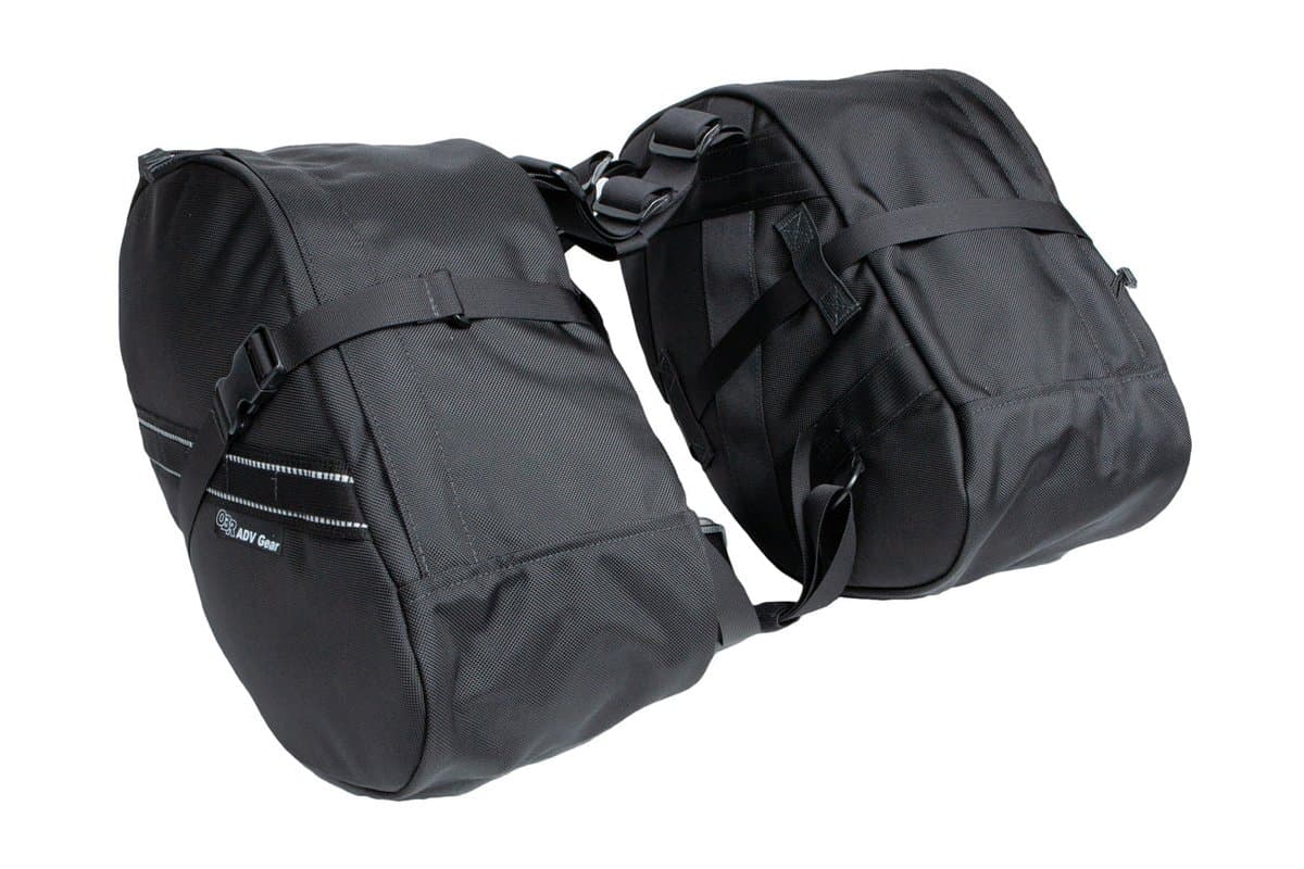 Pair of black OBR 38L rackless saddlebags joined by seat cradle straps, on white
