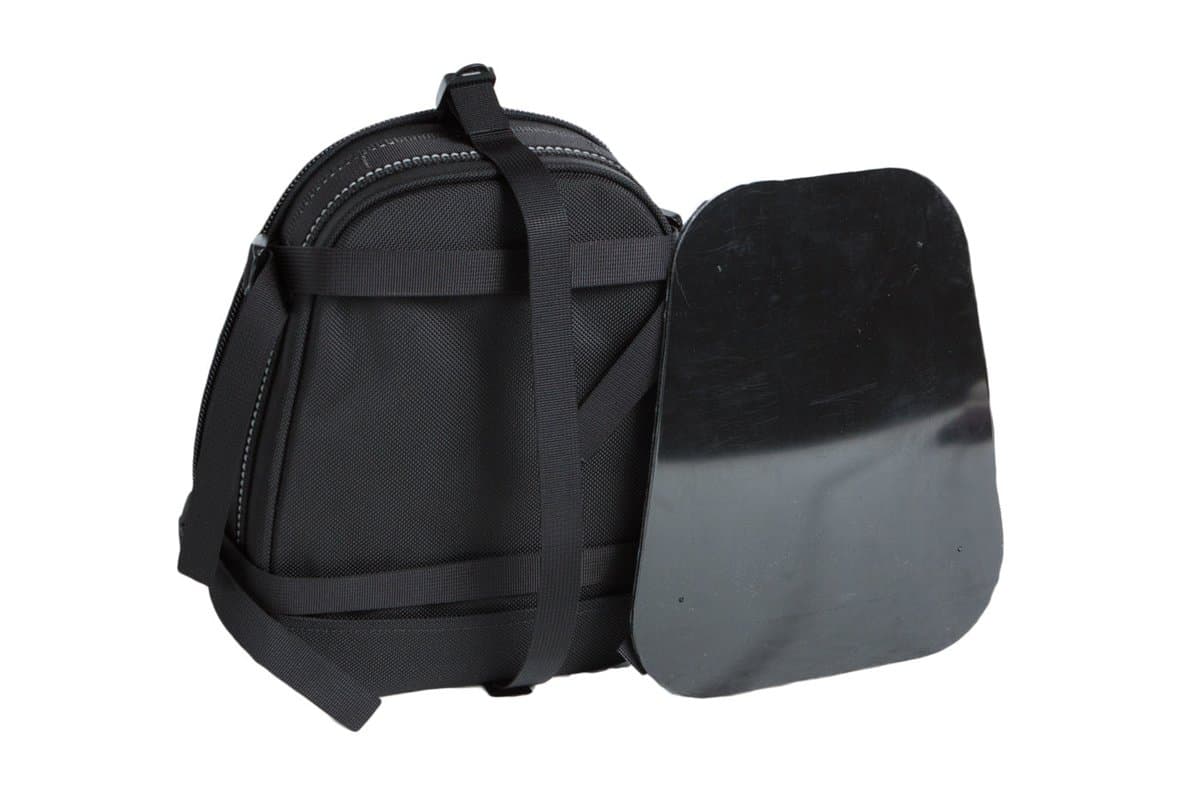 OBR Sherpa tail bag from below with its plastic mounting plate, on white