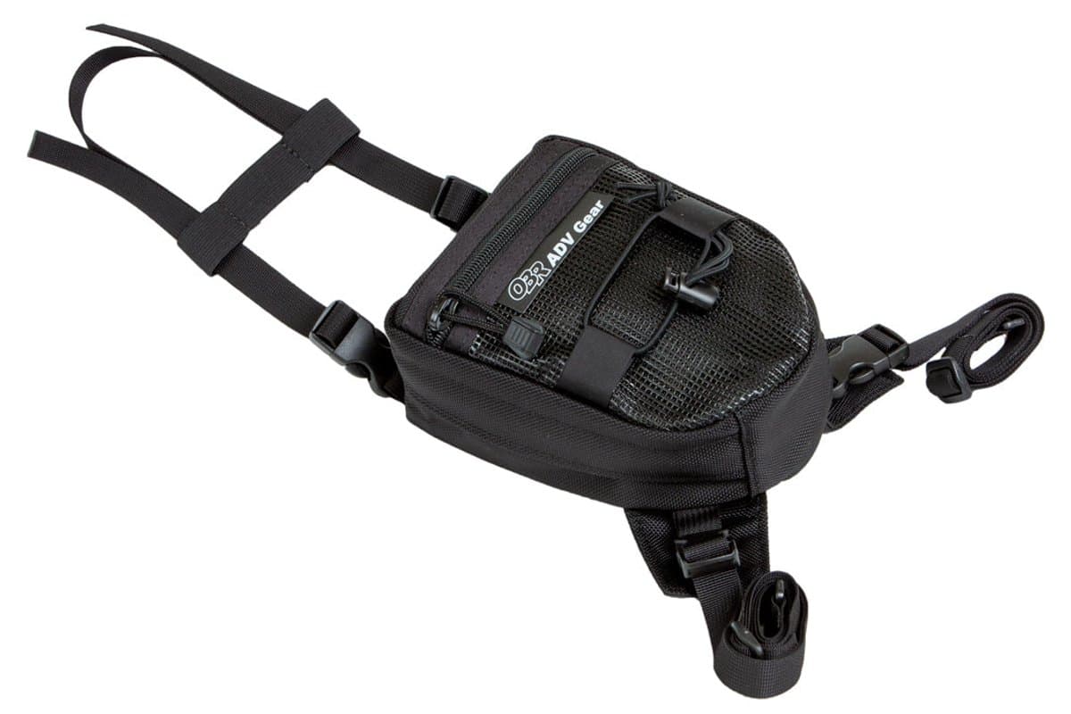 OBR Switchback tank bag with its mounting straps, on white