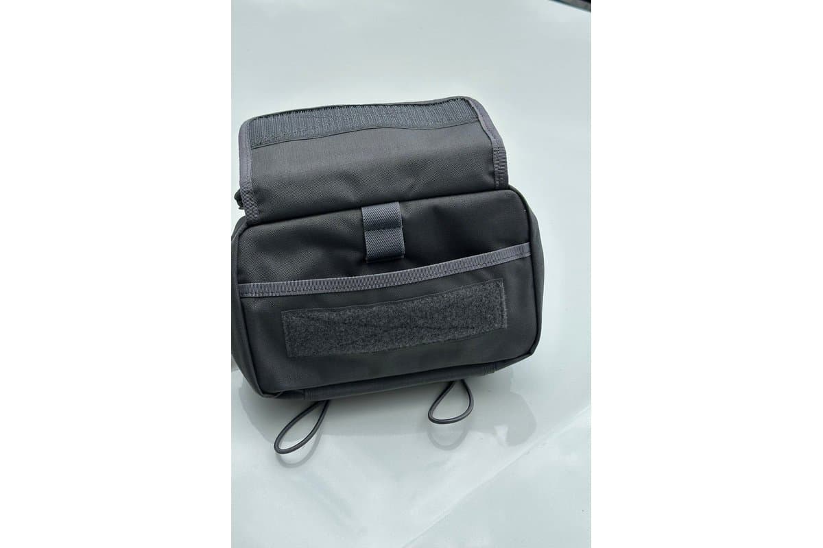 Grey Medium Handlebar Bag 2.0 with the front flap raised