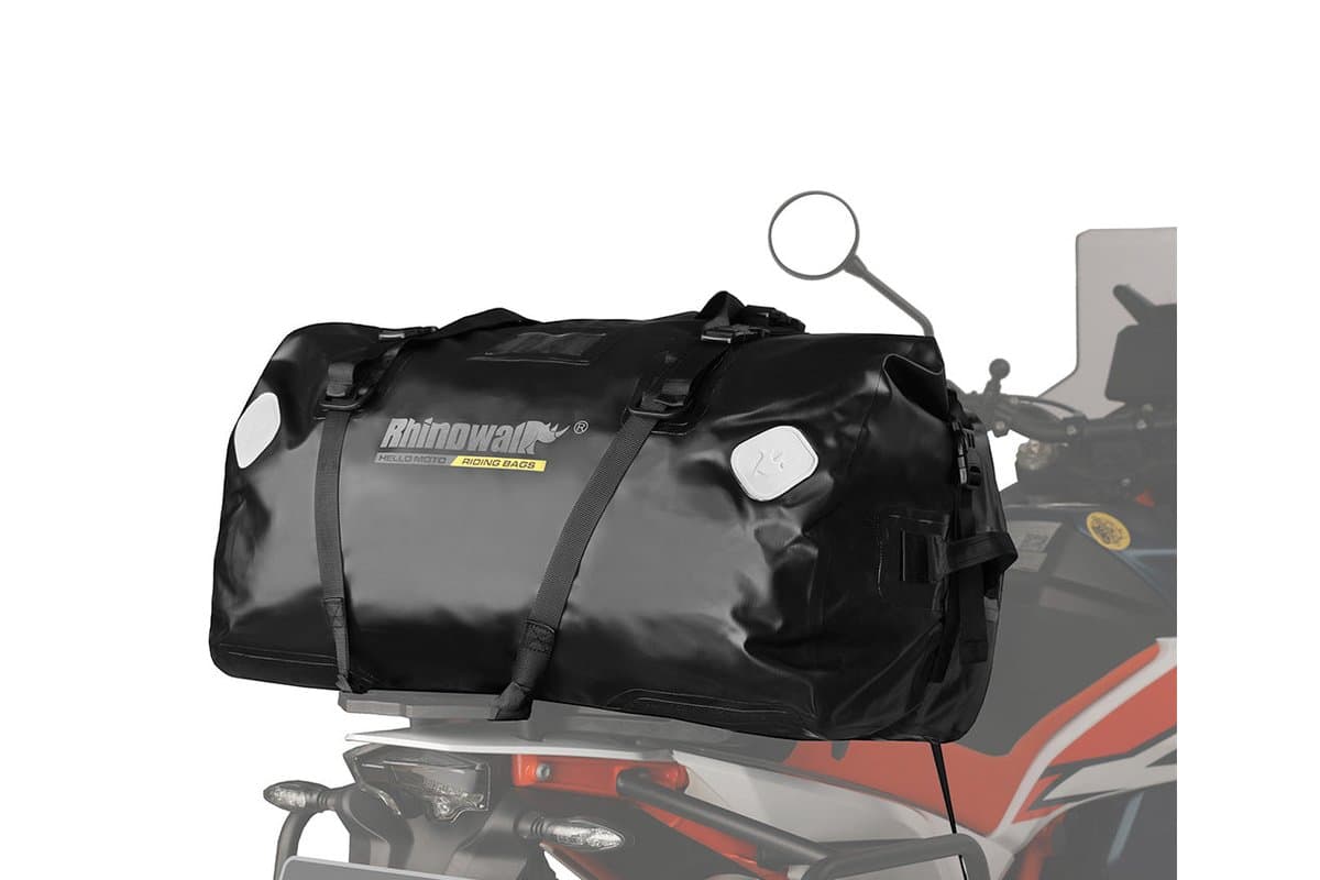 Rhinowalk MT20650 65L roll-top duffle, black, on a rear rack, side view