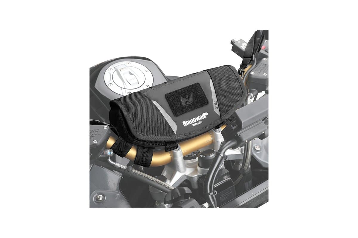 Rhinowalk Mechanic Series 2L handlebar bag on a motorcycle crossbar