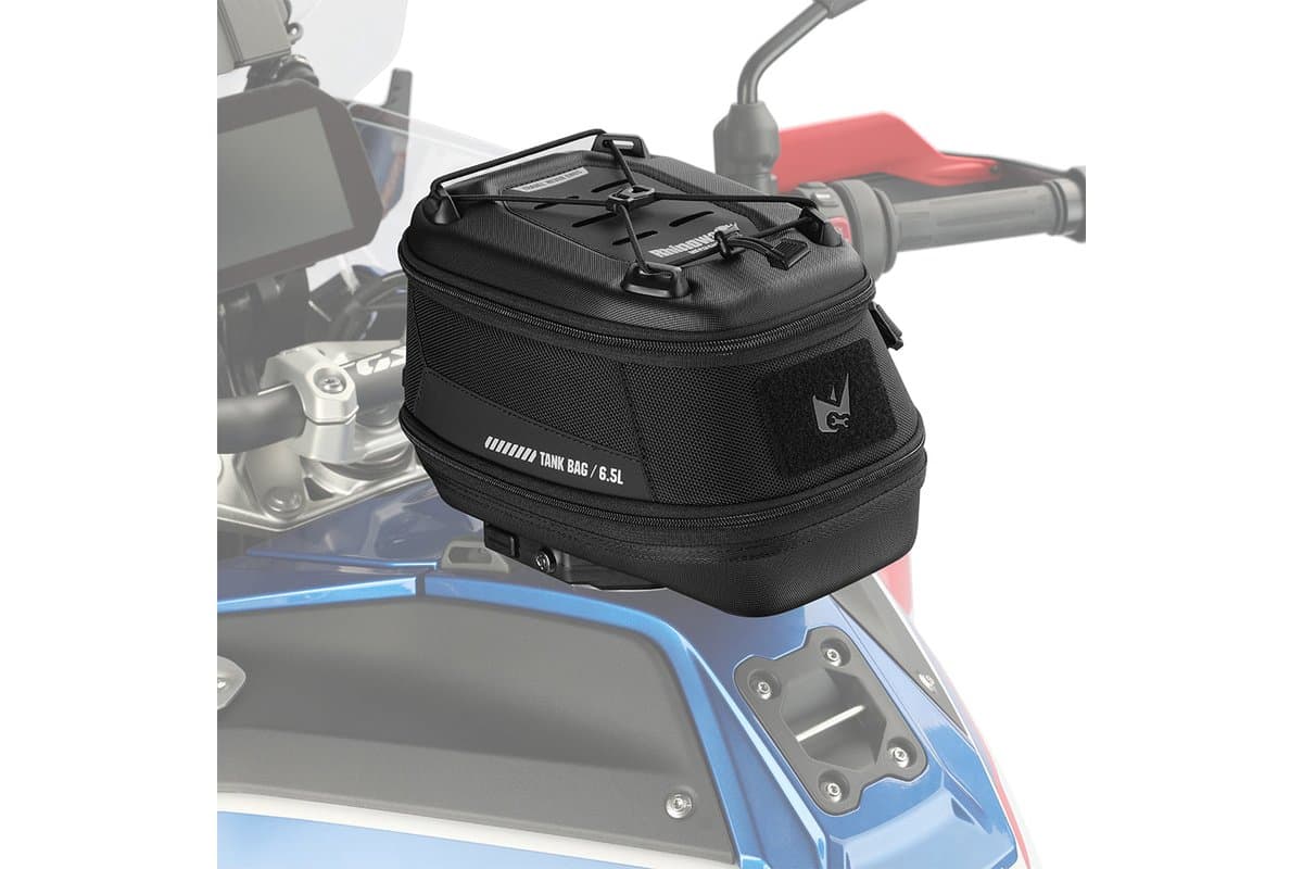 Rhinowalk Mechanic Series 5 to 6.5L tank bag, black, on its fuel-cap ring mount