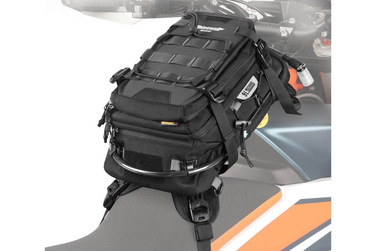 Rhinowalk Mechanic Series 9L tank bag strapped to a KTM tank