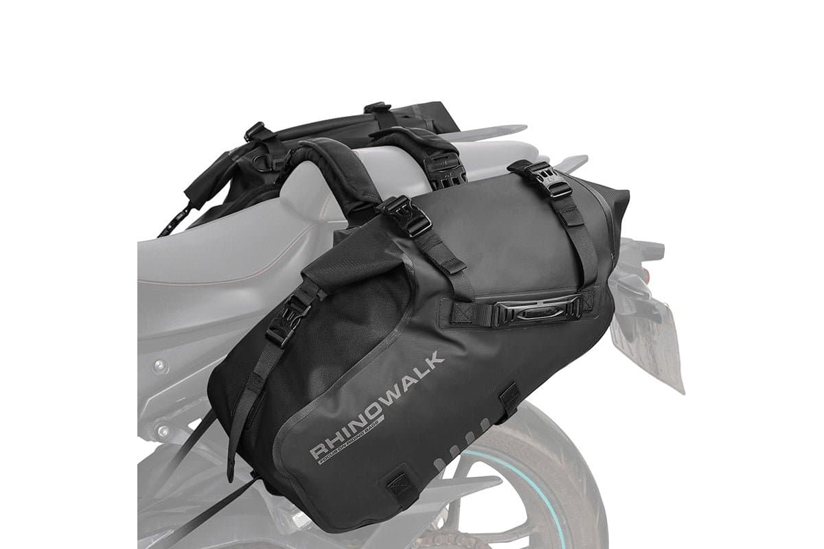 Rhinowalk 28L rackless pannier pair strapped over the seat of a motorcycle