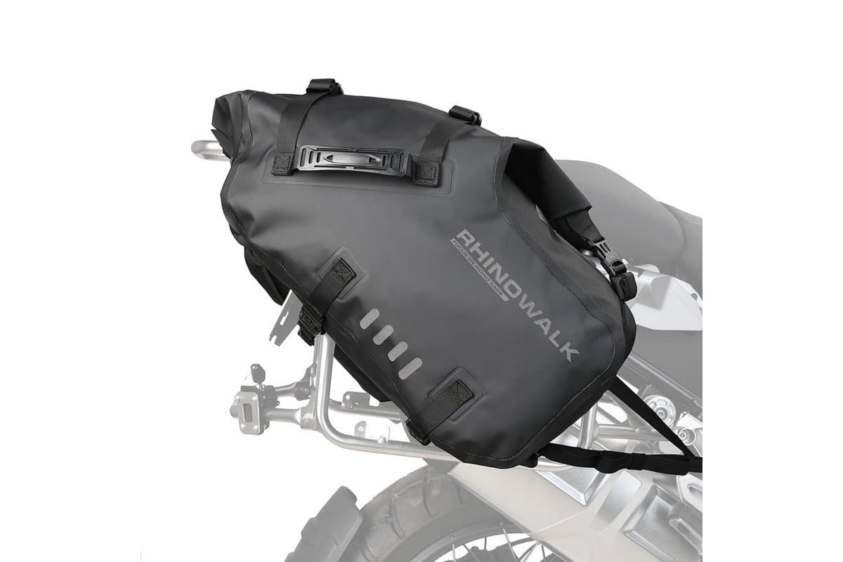 Rhinowalk 48L rackless pannier, one side, strapped over the rear of an adventure bike