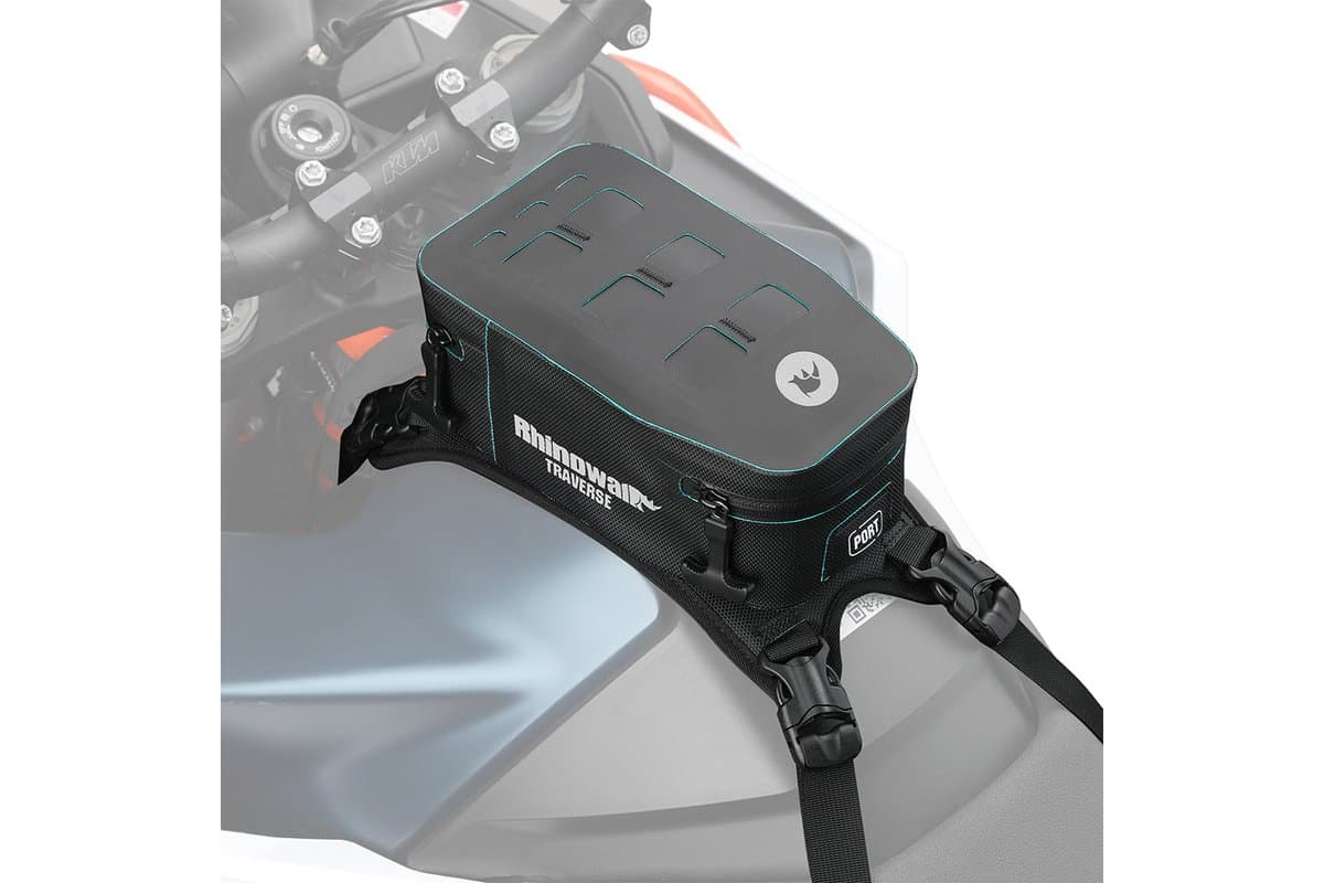 Rhinowalk Traverse 2L strap-on tank bag on a motorcycle tank