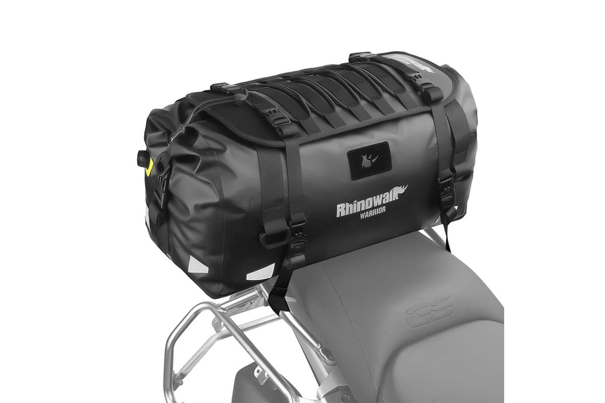 Rhinowalk Warrior Series 40L roll-top duffel, black, on a passenger seat