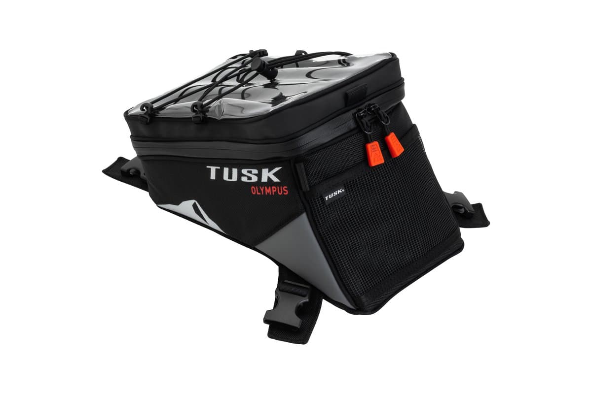 Tusk Olympus Large tank bag in black and grey with its mounting straps