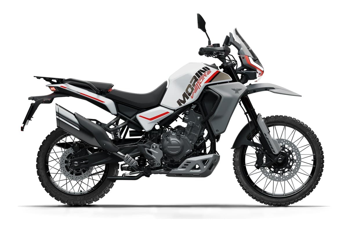 2026 Moto Morini Vettore 450 adventure motorcycle in white with red and grey accents, right-side studio profile showing spoked wheels and beak fender
