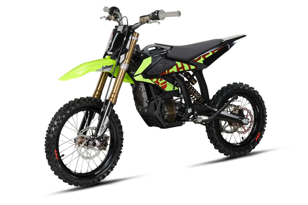 Sur-Ron Hyper Bee X electric dirt bike in green and black, front three-quarter studio view on a white background