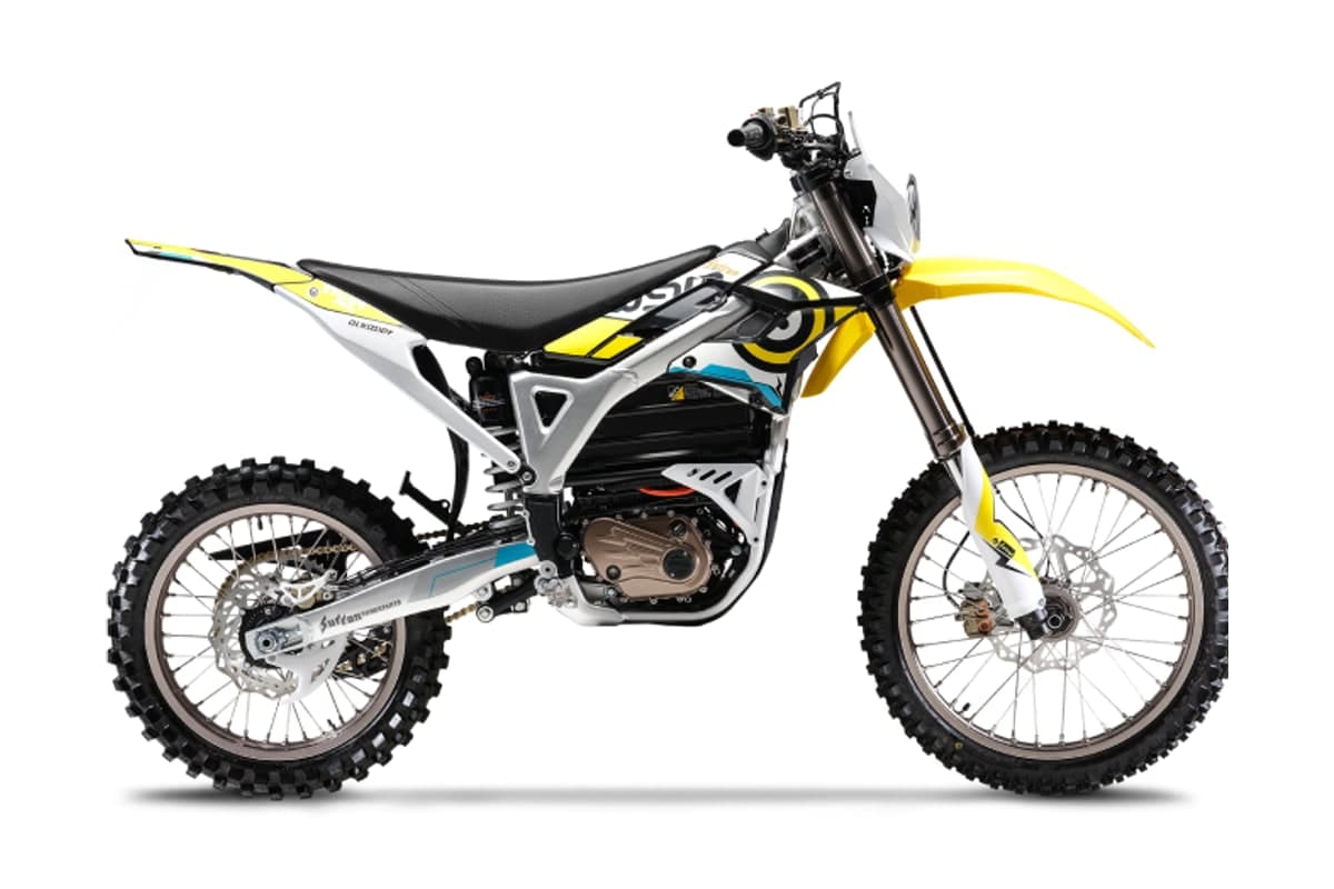 Sur-Ron Storm Bee E electric enduro bike in yellow, white and black, side studio profile on a white background