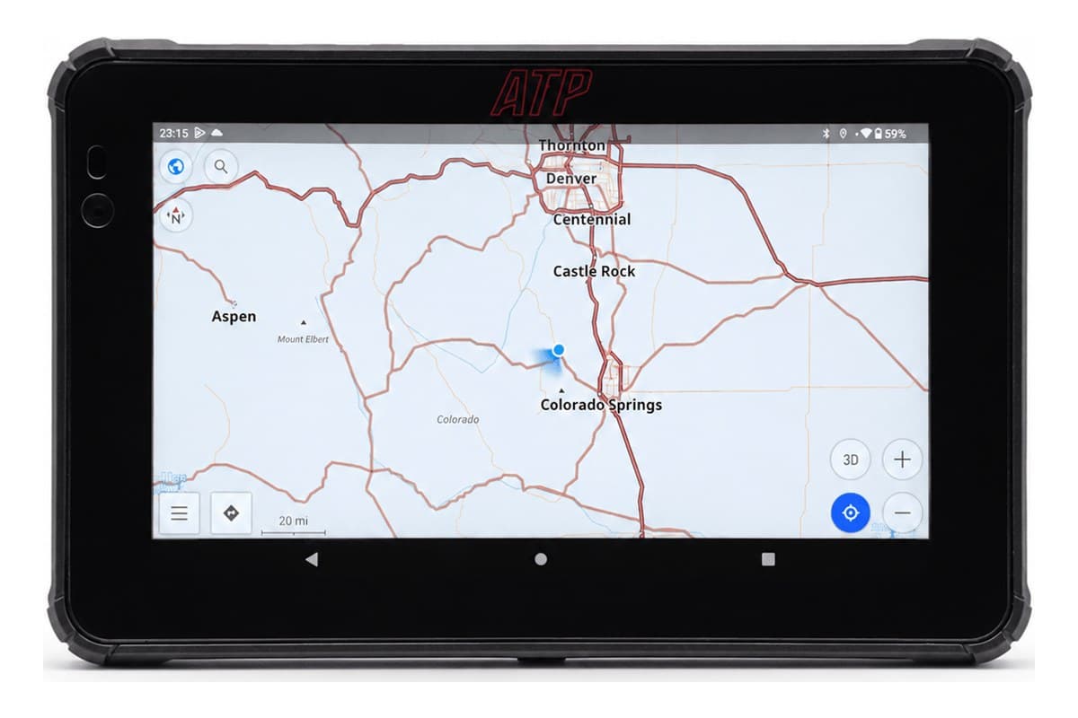 ATP Rugged 7-inch tablet from the front, showing a map of Colorado