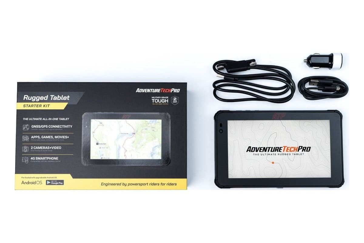 ATP Rugged Starter Kit laid out: the tablet, its retail box, USB and magnetic charging cables and a 12V adapter
