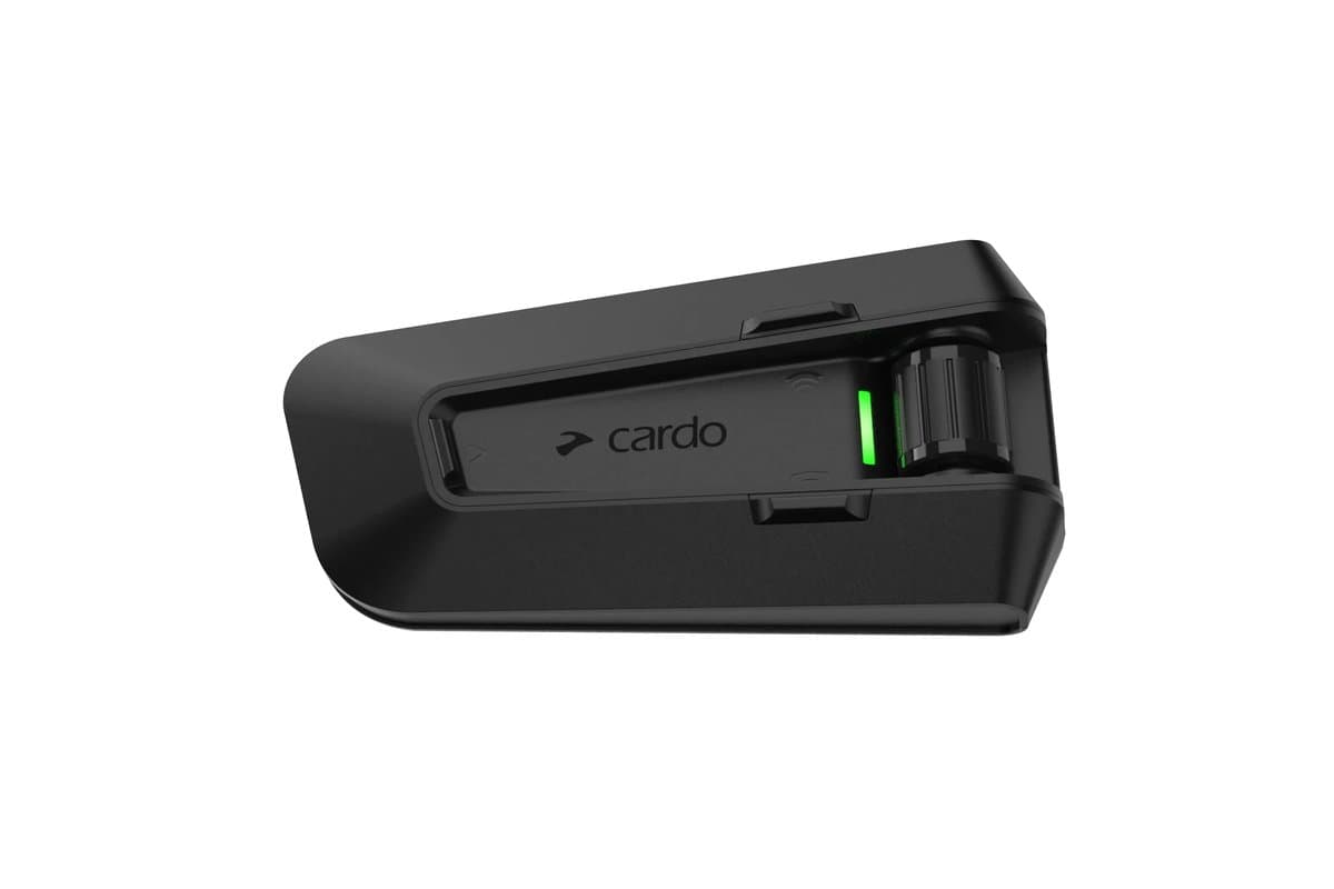 Cardo Packtalk Pro unit, matte black, studio shot on white