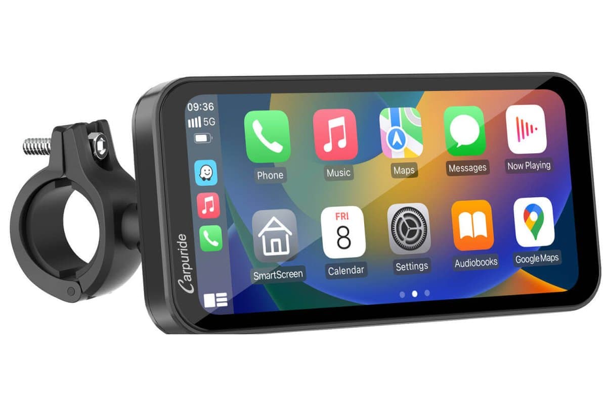 Carpuride W603D 6.3-inch wide display on its clamp handlebar mount, showing the CarPlay home screen