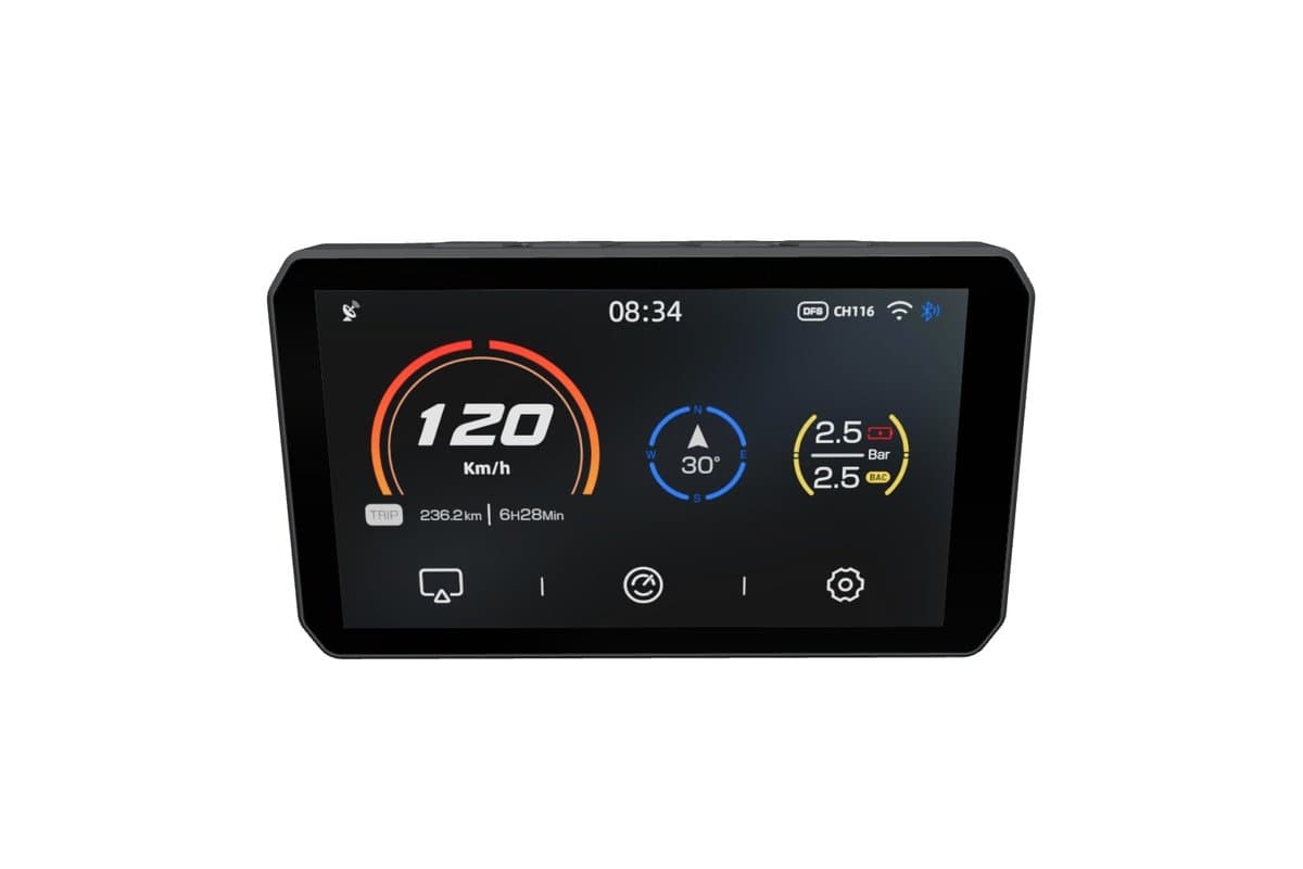 Chigee AIO-5 Play 5-inch display, front view showing its speed and tire-pressure dashboard